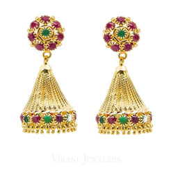 22K Yellow Gold Emerald & Ruby Jhumki Drop Earrings - Virani Jewelers