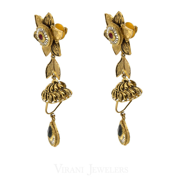 22K Yellow Gold Floral Choker Necklace & Earring Set W/Multi Gems | 22K Gold Flower Choker Necklace & Earring Set W/Multi Gems for women. This antique gold flowe...