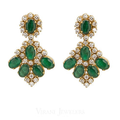 1.12CT Diamond Drop Earrings Set In 18K Yellow Gold W/ Precious Emerald Accents - Virani Jewelers