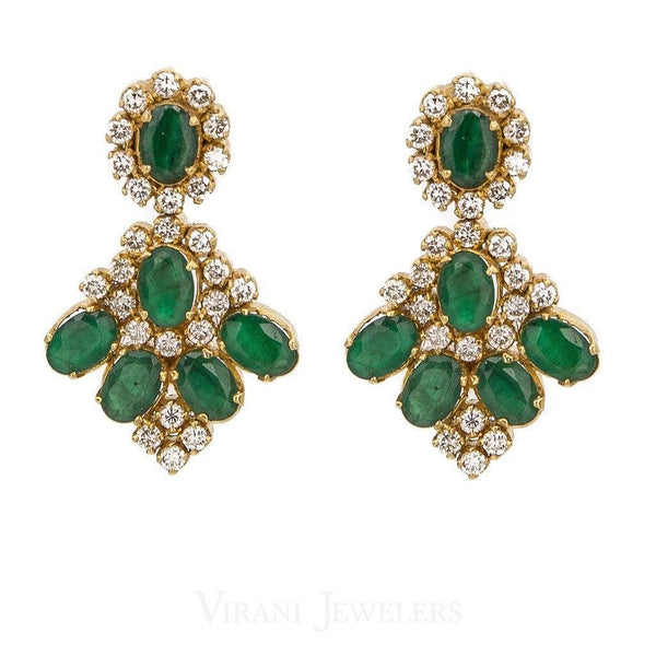 1.12CT Diamond Drop Earrings Set In 18K Yellow Gold W/ Precious Emerald Accents - Virani Jewelers | These are emerald and diamond drop earrings set in 18K gold. These earrings feature 1.12ct diamon...