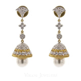 2.24CT Diamond Jhumki Drop Earrings Set In 18K Yellow Gold W/ Pearl Drops & Screw Back Post Closure - Virani Jewelers | These are 18k gold diamond Jhumka earrings with pearl drops and screw-back post closures for wome...