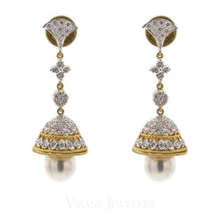 2.24CT Diamond Jhumki Drop Earrings Set In 18K Yellow Gold W/ Pearl Drops & Screw Back Post Closure - Virani Jewelers