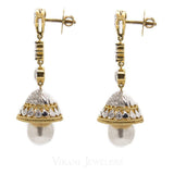 2.24CT Diamond Jhumki Drop Earrings Set In 18K Yellow Gold W/ Pearl Drops & Screw Back Post Closure - Virani Jewelers | These are 18k gold diamond Jhumka earrings with pearl drops and screw-back post closures for wome...