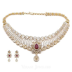 14.73CT Diamond Necklace and Earrings in 18K Yellow Gold W/ Floral Frame & Centered Ruby - Virani Jewelers