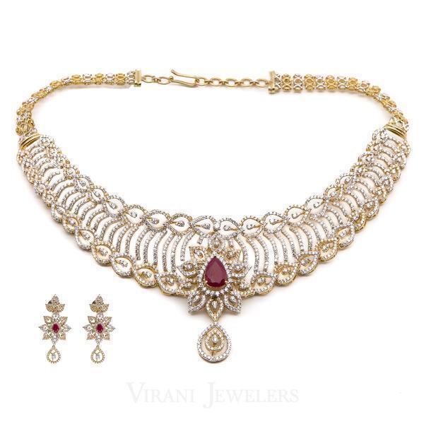 14.73CT Diamond Necklace and Earrings in 18K Yellow Gold W/ Floral Frame & Centered Ruby - Virani Jewelers | 14.73CT Diamond Necklace and Earrings in 18K Yellow Gold W/ Floral Frame & Centered Ruby for ...
