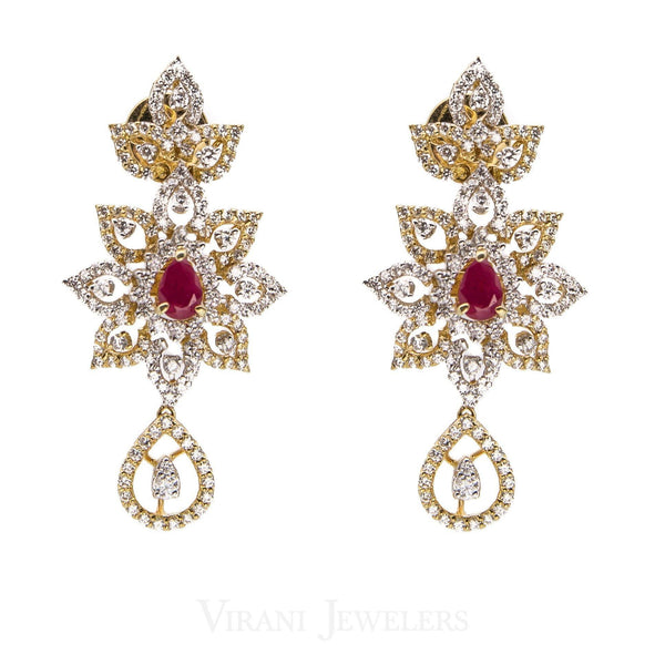 14.73CT Diamond Necklace and Earrings in 18K Yellow Gold W/ Floral Frame & Centered Ruby - Virani Jewelers | 14.73CT Diamond Necklace and Earrings in 18K Yellow Gold W/ Floral Frame & Centered Ruby for ...