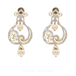 1.49CT Diamond Filigree Drop Earrings Set In 18K White Gold W/Centered Drop Pearls - Virani Jewelers
