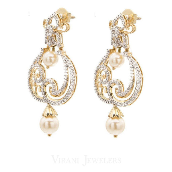 1.49CT Diamond Filigree Drop Earrings Set In 18K White Gold W/Centered Drop Pearls - Virani Jewelers | These are our 1.49ct diamond and pearl dangle earrings set in 18Kgold. Their stunning filigree de...