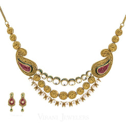 22K Antique Gold KundanNecklace & Earring Set W/ Pearl & Hand-Painted Accents - Virani Jewelers