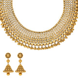 22K Yellow Antique Gold Beaded Jewelry Set (92.3gm) | 


This magnificent 22k gold jhumka earring and necklace set exemplifies the beauty of traditiona...