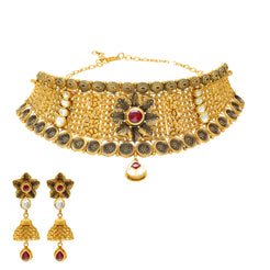 22K Yellow Gold & Gemstone Antique Choker Necklace Set (58.5gm)