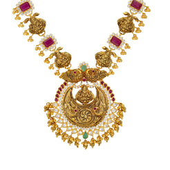 22K Yellow Gold, Emerald, Ruby, and CZ Lakshmi Necklace(42.5gm)
