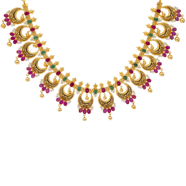 22K Yellow Gold, Emerald, Ruby, & CZ Necklace(42.6gm) | 


The gorgeous arrangement of gemstones and pearls used to create this beautiful 22k gold neckla...
