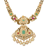 22K Yellow Gold, Emerald, Ruby, CZ, & Pearl Necklace(48.6gm) | 


The lush assortment of gemstones and pearls used along this dazzling 22k gold necklace beautif...