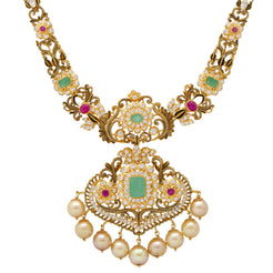 22K Yellow Gold, Emerald, Ruby, CZ, & Pearl Necklace(48.6gm)
