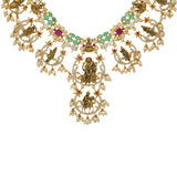 22K Yellow Gold, Emerald, Ruby, CZ, & Pearl Necklace(85.1gm | 


This elaborate piece of Indian gold jewelry features an assortment of gemstones, engraved depi...