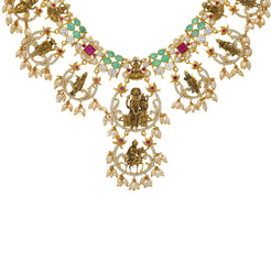22K Yellow Gold, Emerald, Ruby, CZ, & Pearl Necklace(85.1gm