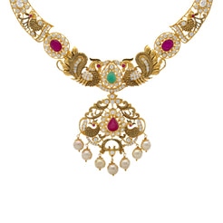 22K Yellow Gold, Gemstone, CZ, & Pearl Temple Necklace(50.9gm)