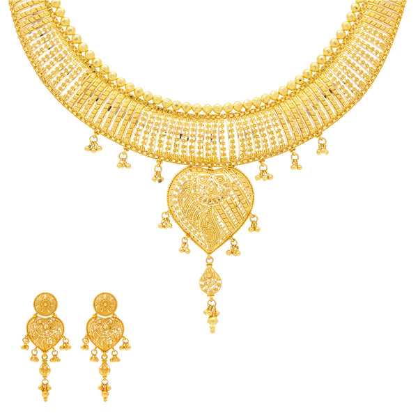 22K Yellow Gold Beaded Filigree Classic Jewelry Set | 


This classy 22K yellow gold earring and necklace set for women has everything you need to ligh...