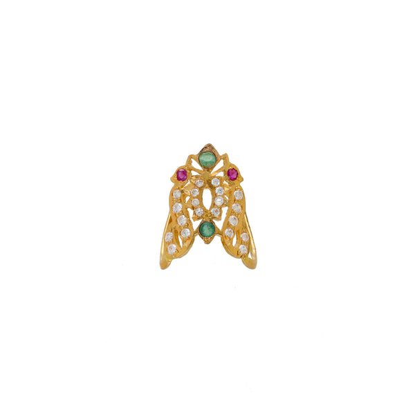 22K Yellow Gold, CZ, Ruby & Emerald Ring (3.4gm) | 


This alluring 22k yellow gold ring had a unique design adorned with emeralds, rubies, and cubi...