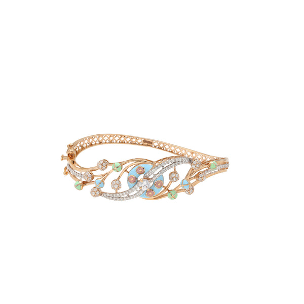 18K Rose Gold & CZ Bangle (13.7gm) | 


This Indian gold bangle from Virani Jewelers features a colorful enamel design decorated with ...