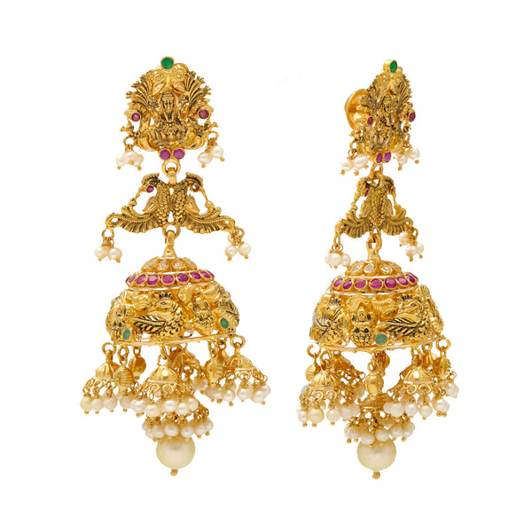22K Yellow Gold, Emerald, Ruby, & Pearl Jhumkas (42gm) | 


These gleaming gold jhumka earrings feature an assortment of gemstones and beautiful pearls. T...