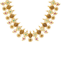 22K Yellow Gold, Gemstone, CZ, & Pearl Temple Necklace (41.1gm)