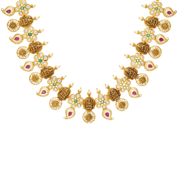 22K Yellow Gold, Gemstone, CZ, & Pearl Temple Necklace (41.1gm) | 


The shimmering assortment of gemstones, pearls, and cubic zirconia stones adorning this temple...