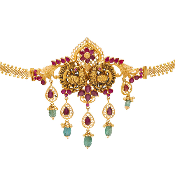 22K Yellow Gold Choker with Emeralds & Rubies (35.6gm) | 


This fabulous Indian gold choker necklace features a front face design of engraved peacocks, a...