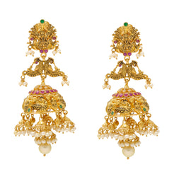 22K Yellow Gold, Emerald, Ruby, & Pearl Jhumkas (42gm)