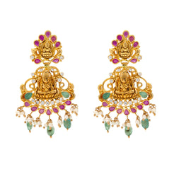 22K Yellow Gold Temple Chandbali Earrings w/ Gems, CZ & Pearls (14.1gm)