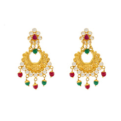 22K Yellow Gold Chandbali Earrings w/ Gems & Pearls (10.2gm)