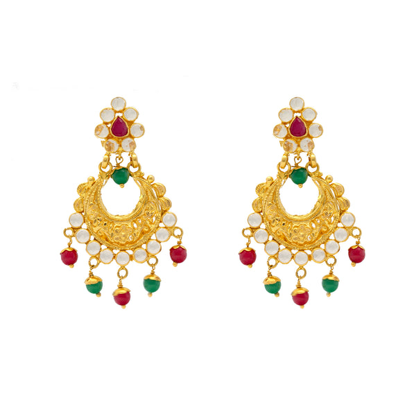 22K Yellow Gold Chandbali Earrings w/ Gems & Pearls (10.2gm) | 


This elegant pair of 22k gold Chandbali earrings are classy and sophisticated. The vibrant gem...