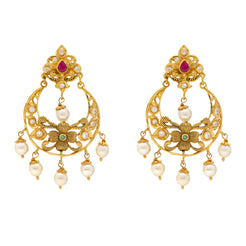 22K Yellow Gold Chandbali Earrings w/ Gems, CZ & Pearls (15.6gm)