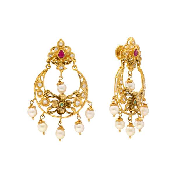 22K Yellow Gold Chandbali Earrings w/ Gems, CZ & Pearls (15.6gm) | 


Bring an air of cultural sophistication to your look by adorning this pair of 22k yellow gold ...