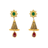 22K Yellow Gold Antique Jhumka Earrings w/ Emeralds & Rubies (17.3gm) | 


This adorable pair of 22k gold Jhumka earrings feature engraved details accentuated by vibrant...
