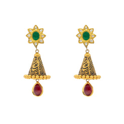 22K Yellow Gold Antique Jhumka Earrings w/ Emeralds & Rubies (17.3gm)