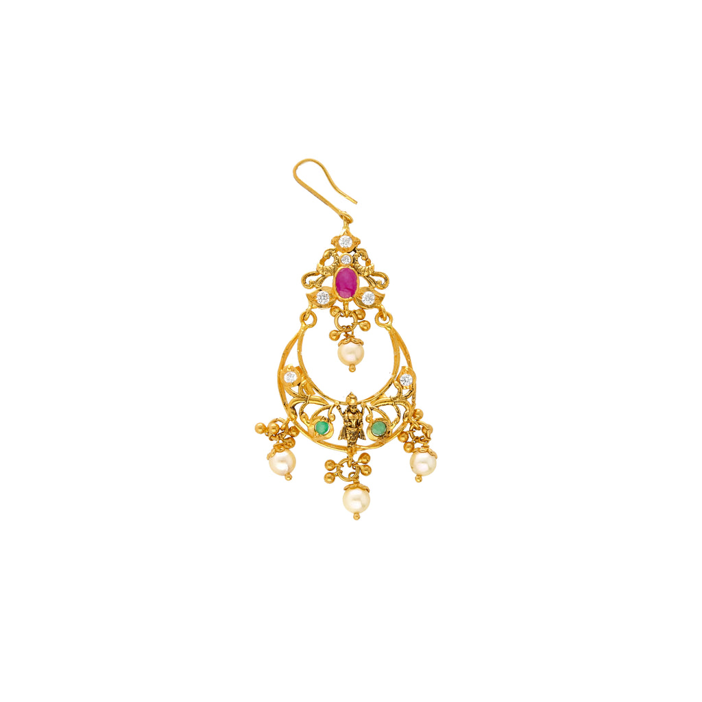 22K Yellow Gold Jeweled Tikka (8.6gm) | This fabulous 22K gold Maang Tikka with pearls features a stunning assortment of gems and CZ ston...