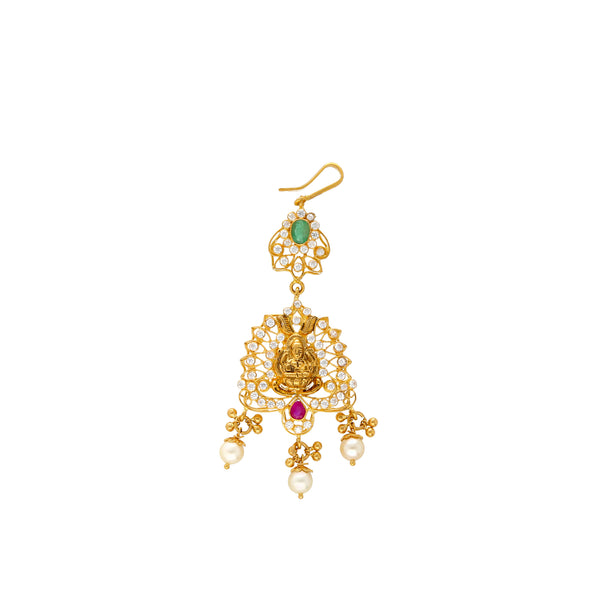 22K Yellow Gold Jeweled Tikka (8.9gm) | If you love elaborate Indian gold headpieces then this magnificent 22K gold and pearls Maang Tikk...