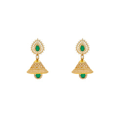 22K Yellow Gold, Emerald & CZ Jhumka Earrings (18.9gm)