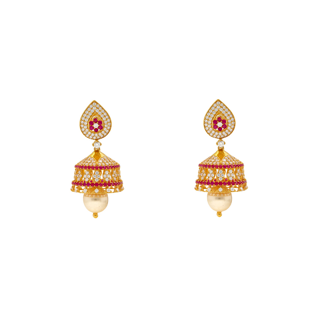 22K Yellow Gold, Ruby, Pearl & CZ Jhumka Earrings (21.9gm) | 
This pair of elegant Indian gold jhumka earrings have a feminine design and style that uses gems...
