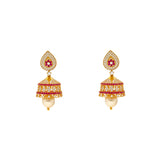22K Yellow Gold, Ruby, Pearl & CZ Jhumka Earrings (21.9gm) | 
This pair of elegant Indian gold jhumka earrings have a feminine design and style that uses gems...