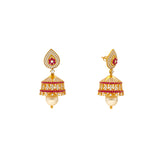 22K Yellow Gold, Ruby, Pearl & CZ Jhumka Earrings (21.9gm) | 
This pair of elegant Indian gold jhumka earrings have a feminine design and style that uses gems...