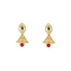 22K Yellow Gold, Ruby, Emerald & CZ Jhumka Earrings (19.9gm)