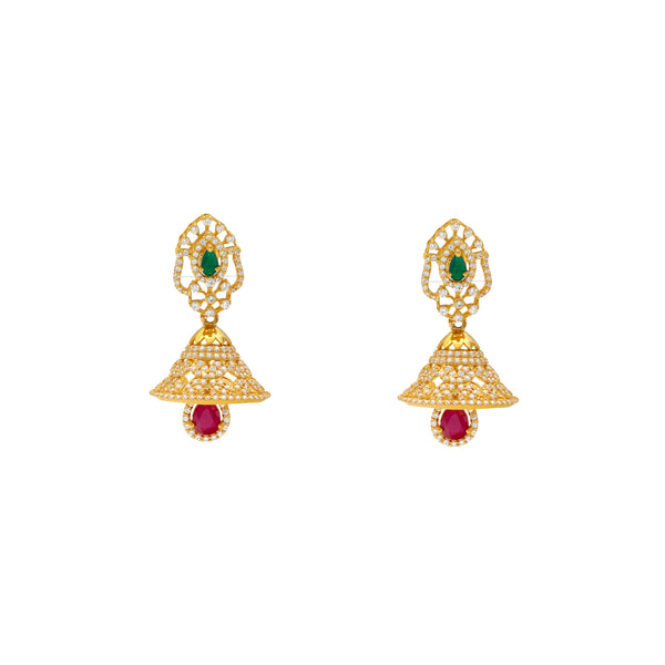 22K Yellow Gold, Ruby, Emerald & CZ Jhumka Earrings (19.9gm) | 
Pair this dazzling set of 22k yellow gold jhumka earrings with bridal, traditional, or other for...