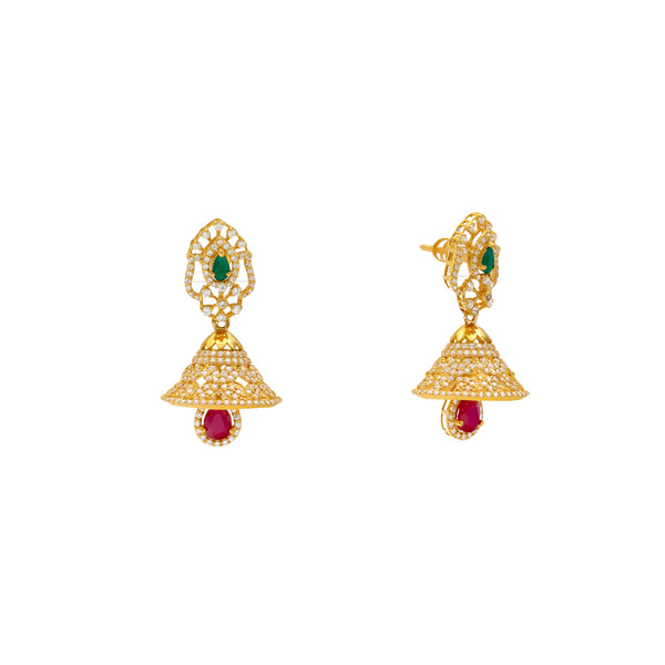 22K Yellow Gold, Ruby, Emerald & CZ Jhumka Earrings (19.9gm) | 
Pair this dazzling set of 22k yellow gold jhumka earrings with bridal, traditional, or other for...