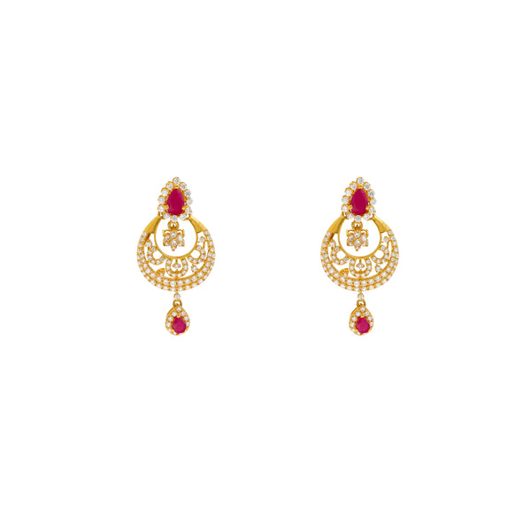 22K Yellow Gold, Ruby & CZ Earrings (10.1gm) | The simple design and style of these Indian gold dangle earrings are enhanced by the addition of ...