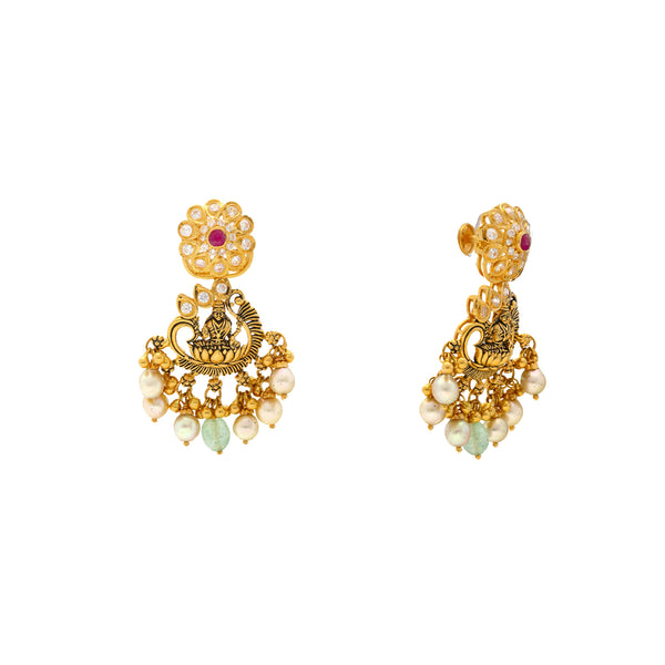 22K Yellow Gold & Gem Temple Chandbali Earrings (21.6gm) | 
This elegant pair of 22k yellow gold and gemstone chandbali earrings are perfect for special occ...