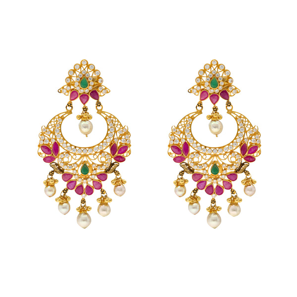 22K Yellow Gold & Gemstone Chandbali Earrings (27.3gm) | 
The radiant array of gems, pearls, and cz stones adorning this elegant pair of 22k yellow gold c...