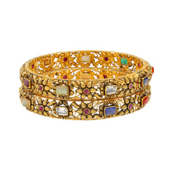 22K Yellow Gold, CZ, Gems & Kundan Bangle Set of 2 (37gm)